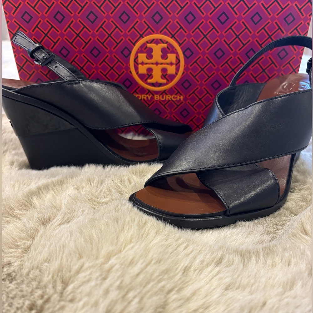 Tory Burch Black Leather Wedges